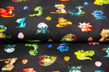 Stoffpaket Jersey + Bündchen, Oekotex, Drachen, schwarz, aqua